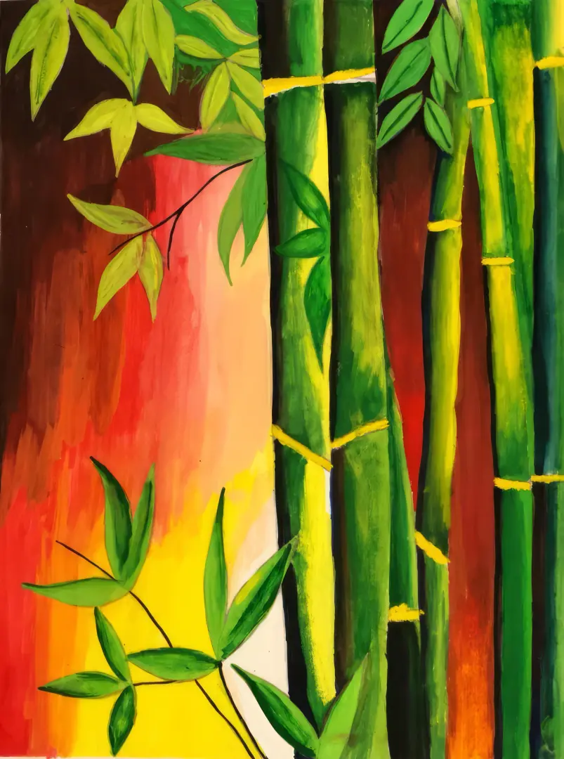 Student artwork - Serene acrylic painting of bamboo stalks with delicate brush strokes