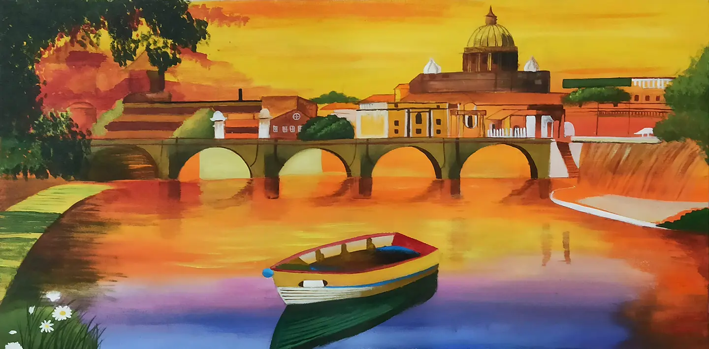 Student artwork - Peaceful landscape painting featuring boats on water created with acrylic colors