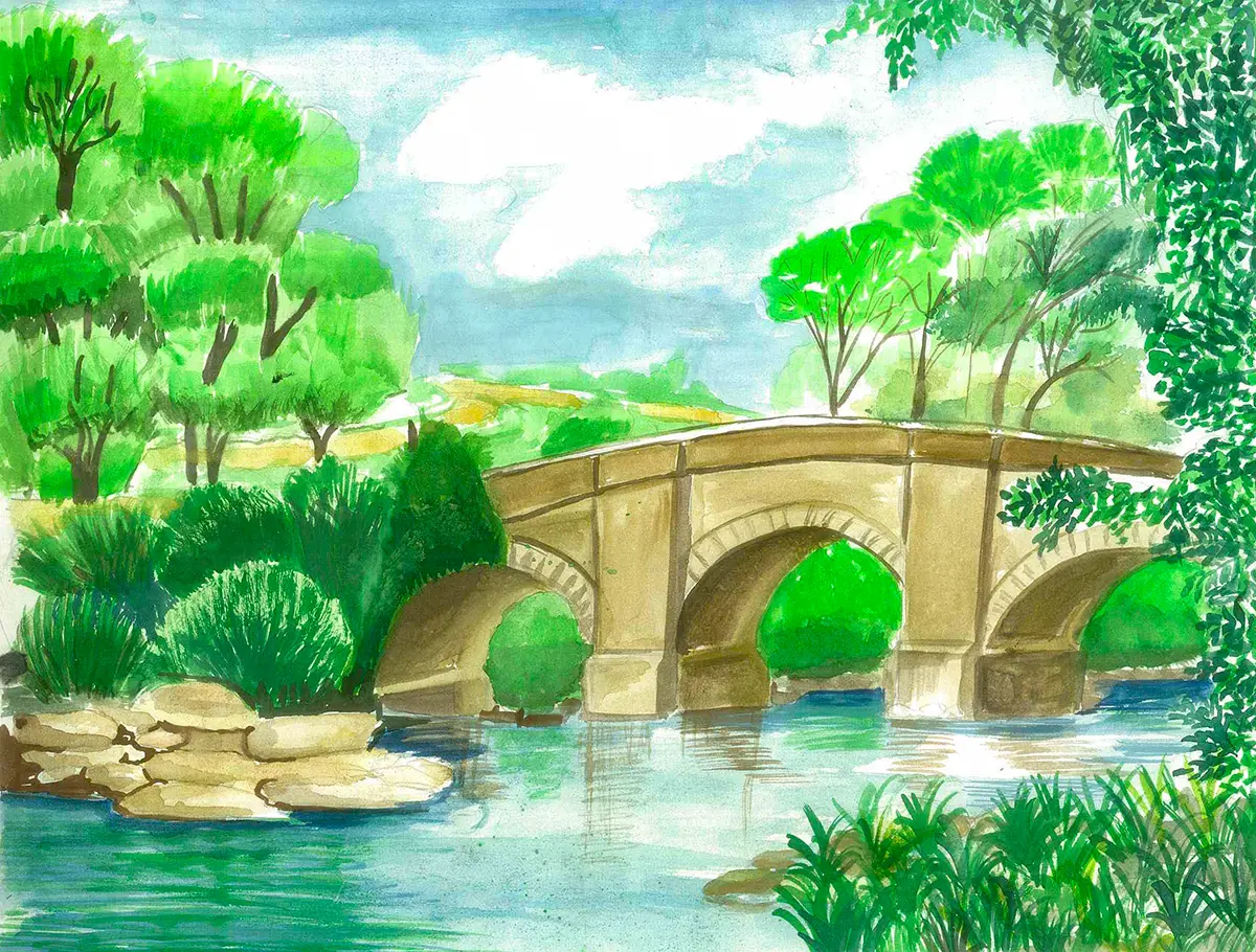 Student artwork - Bridge scene in watercolors showing perspective and atmosphere