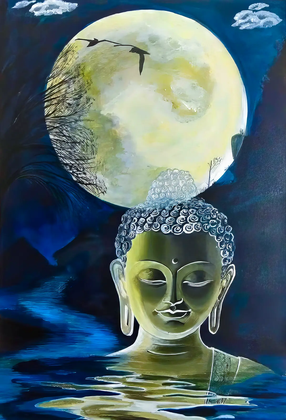 Buddha portrait painted by student on canvas using poster colors with spiritual essence
