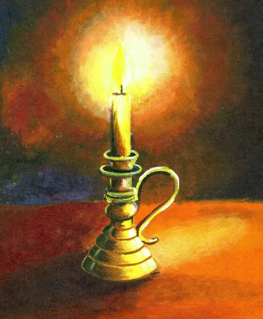 Student artwork - Atmospheric acrylic painting of a glowing candle with dramatic lighting effects
