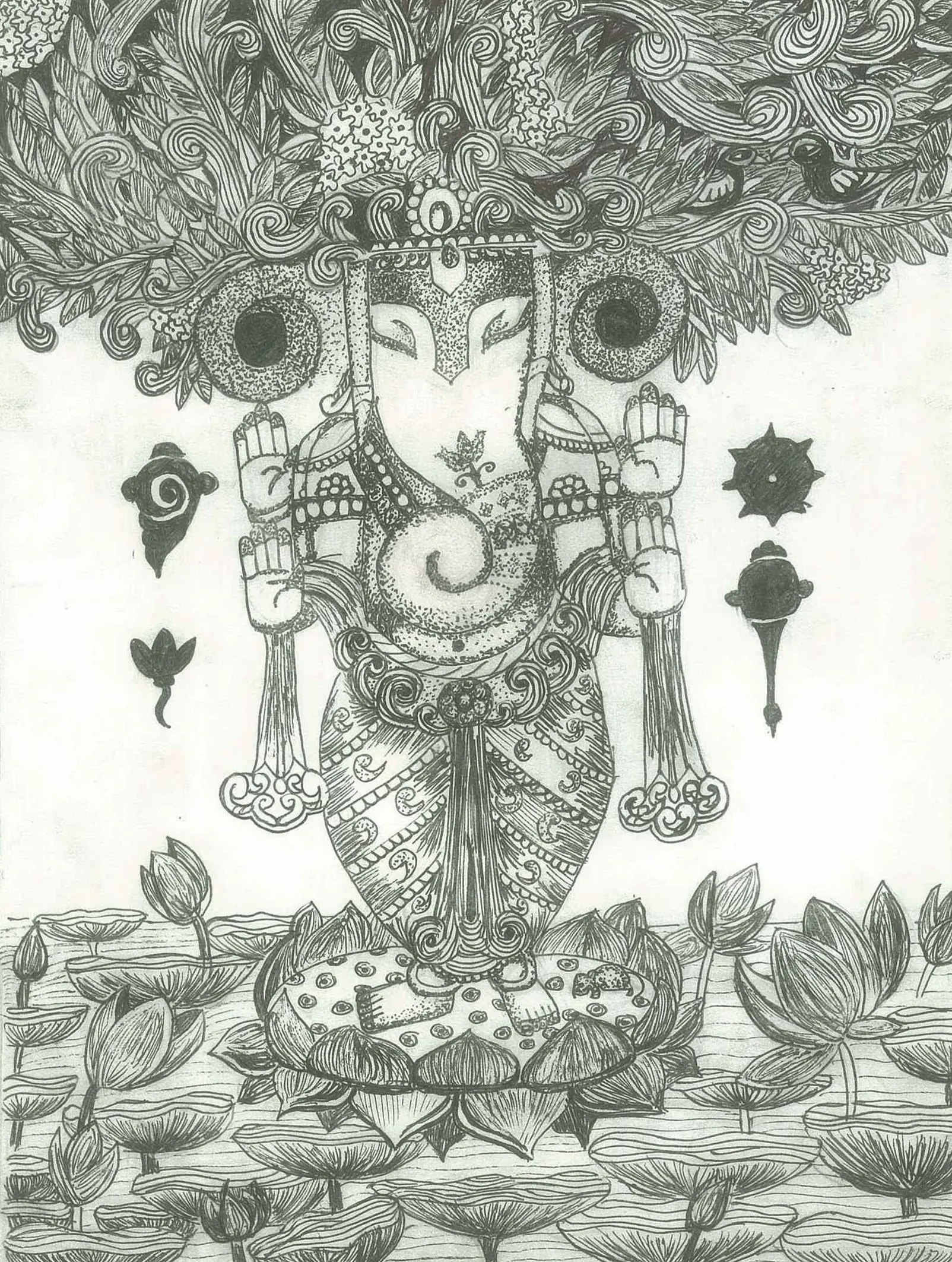 Student-created pencil drawing of Lord Ganesha with intricate shading and details