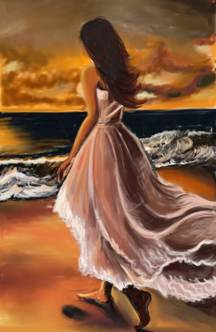 Student artwork - Acrylic painting depicting a girl at the beach with sunset colors