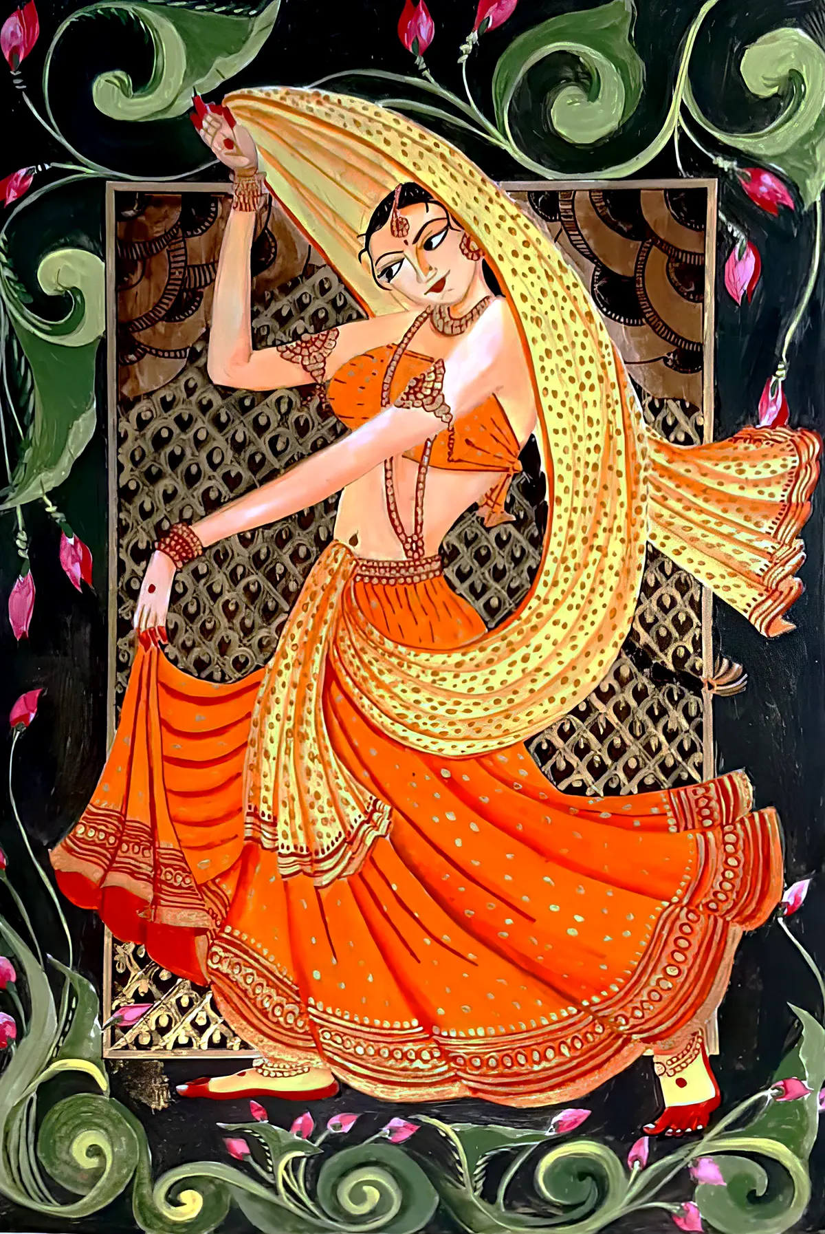 Dancing figure painting created by student using poster colors with flowing movement and dynamic poses