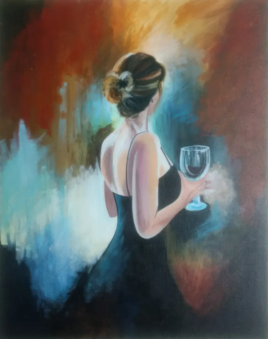 Student artwork - Elegant acrylic painting of a woman with wine glass viewed from behind