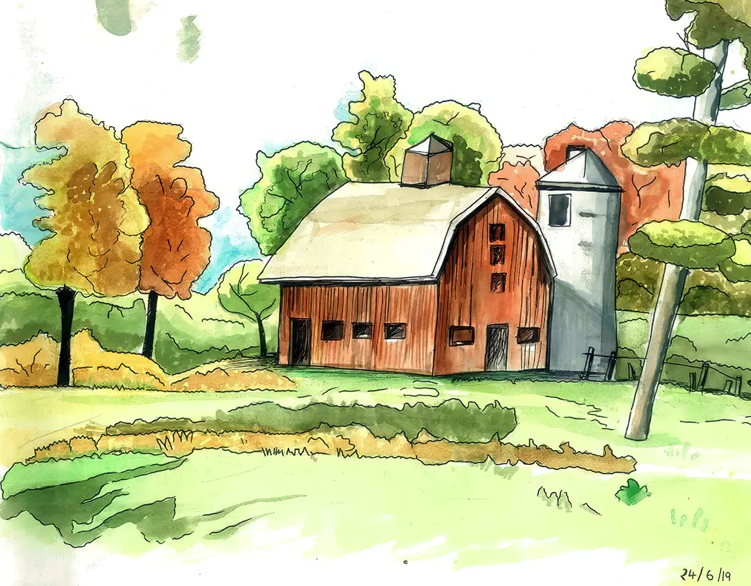 Student artwork - Rural landscape with hut painted in watercolors showing composition skills