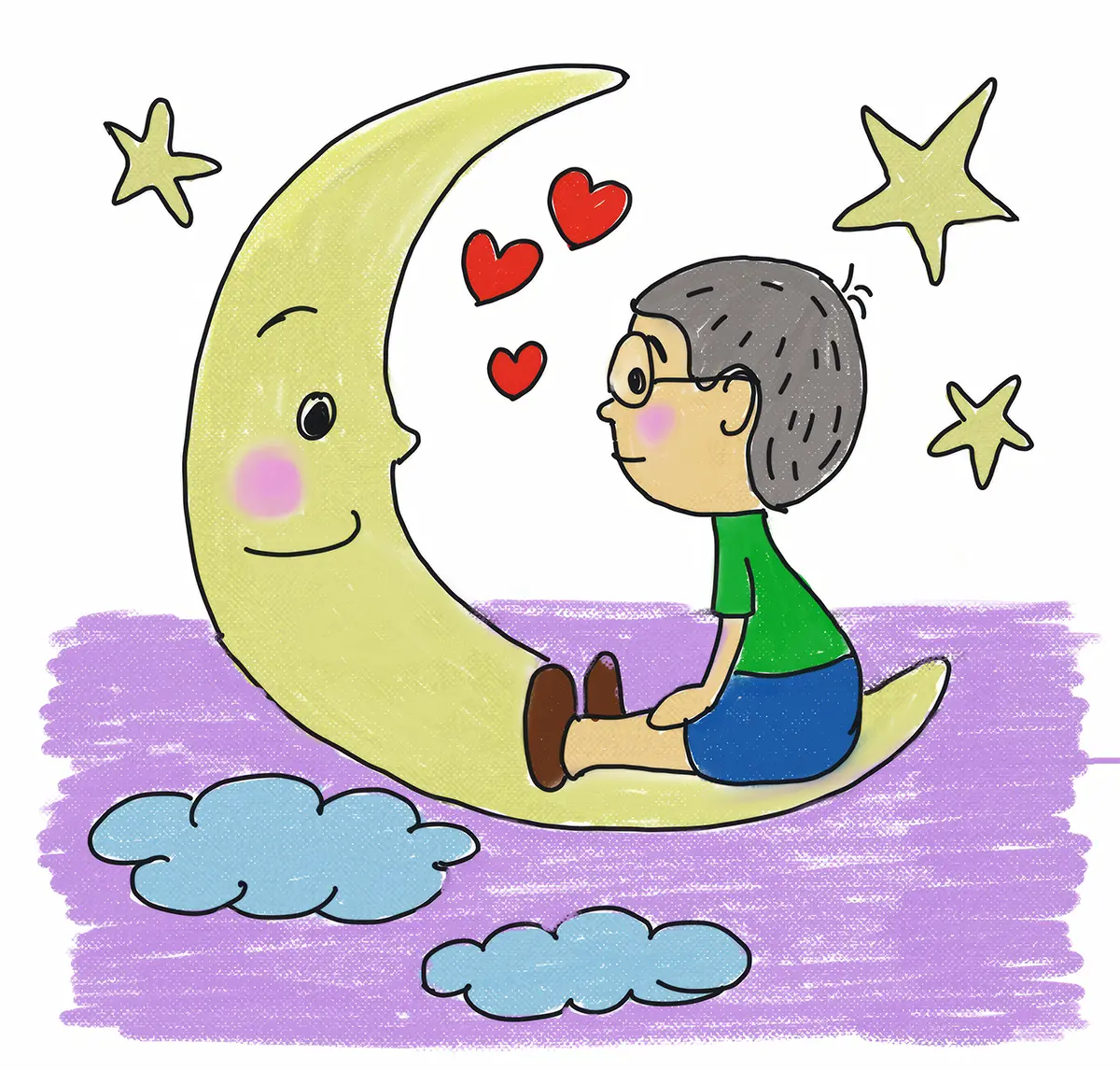 Imaginative drawing of child on moon
