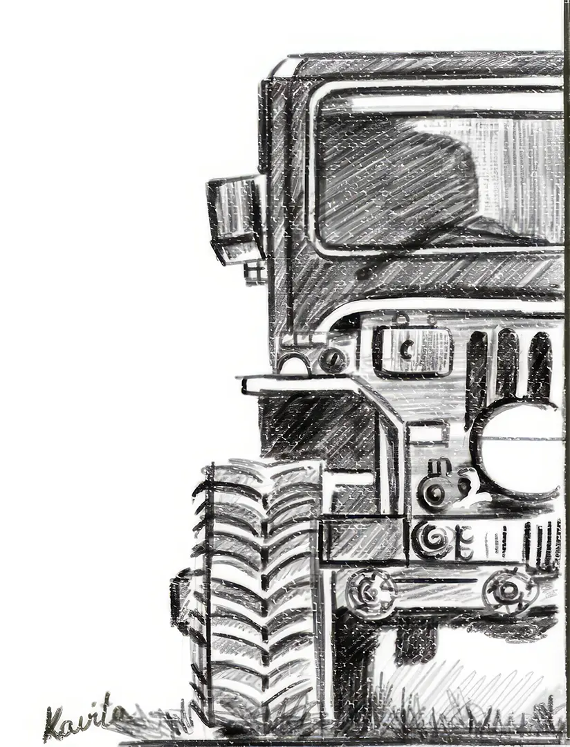Realistic pencil sketch of a vintage jeep created by an art student showing detailed mechanical elements