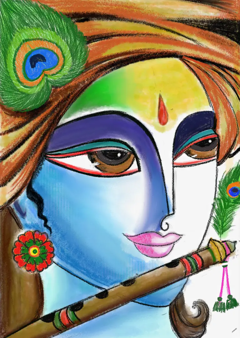 Student artwork - Detailed acrylic portrait of Lord Krishna with traditional iconography
