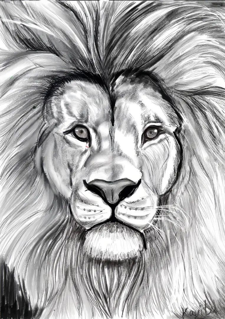 Powerful pencil portrait of a lion drawn by a student featuring detailed mane and expressive eyes