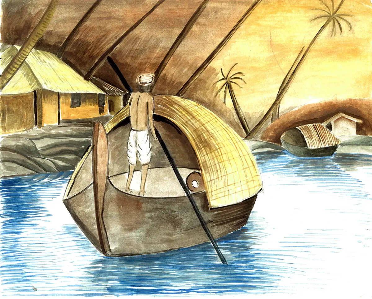 Student artwork - Memory painting of man in boat using watercolor techniques