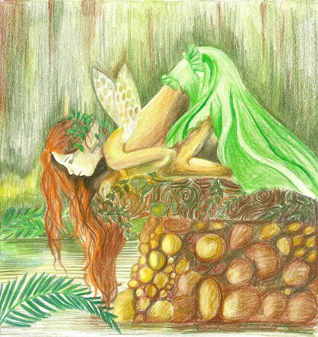 Student-created fantasy artwork of a mermaid with intricate pencil shading techniques