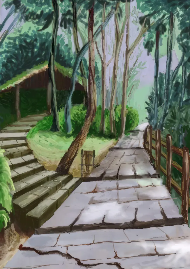 Student artwork - Atmospheric acrylic painting of a village during monsoon season