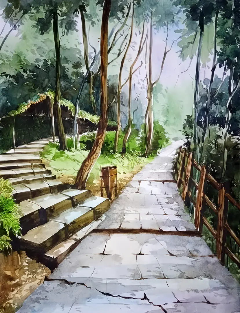 Student artwork - Path through landscape painted in watercolors showing depth and distance