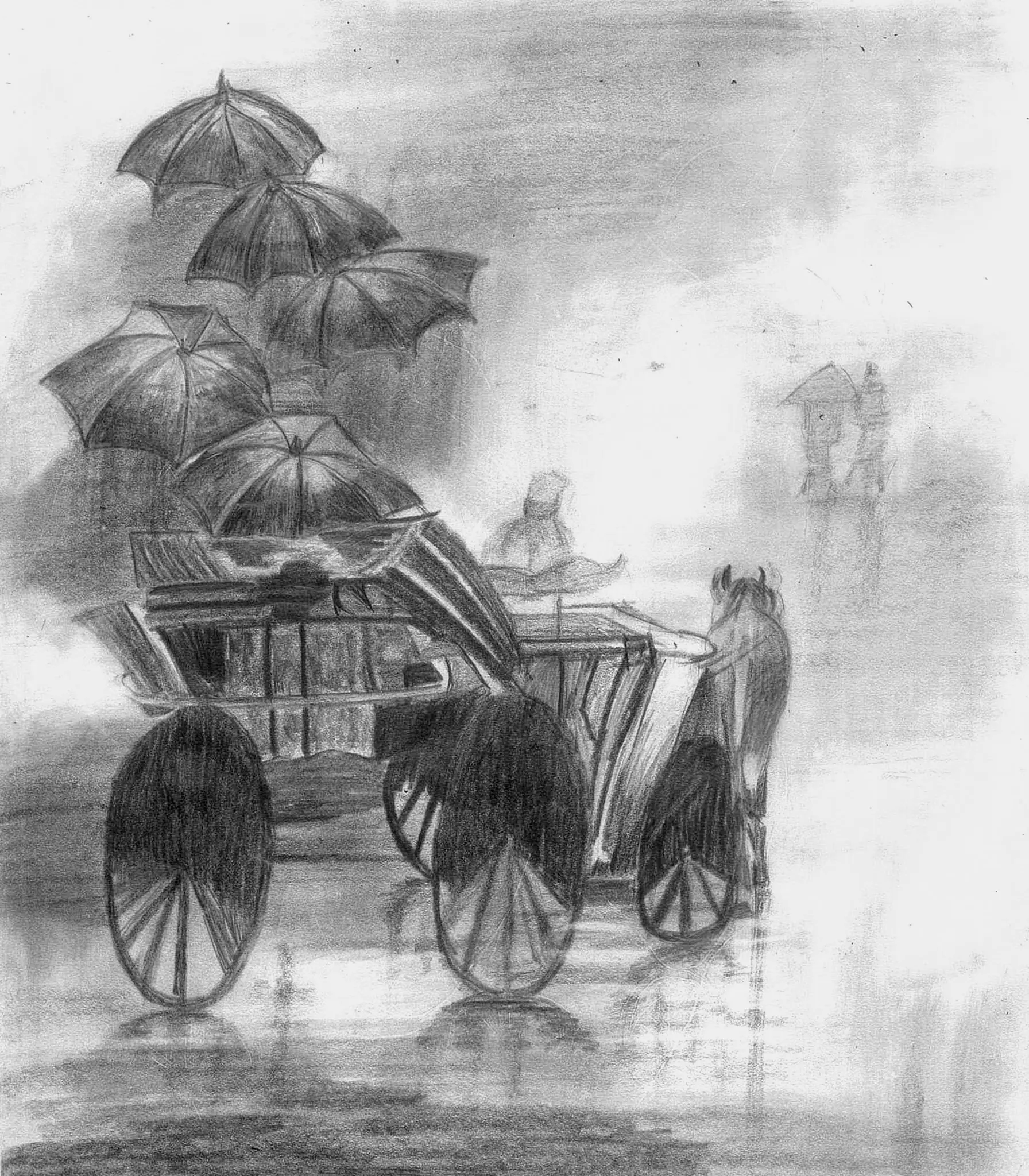Atmospheric pencil drawing by a student depicting a rainy scene with a hand wagon