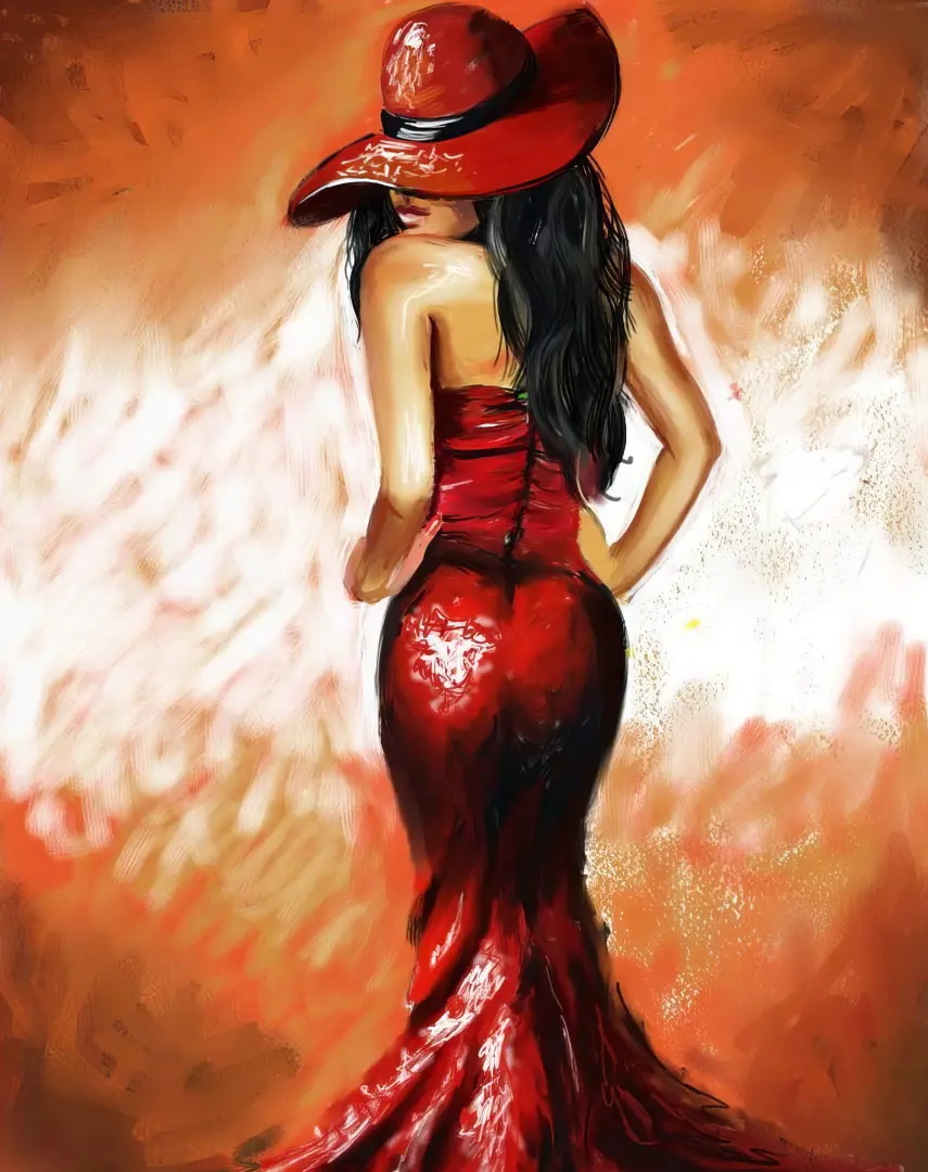 Student artwork - Stylish acrylic painting of a lady wearing a red hat