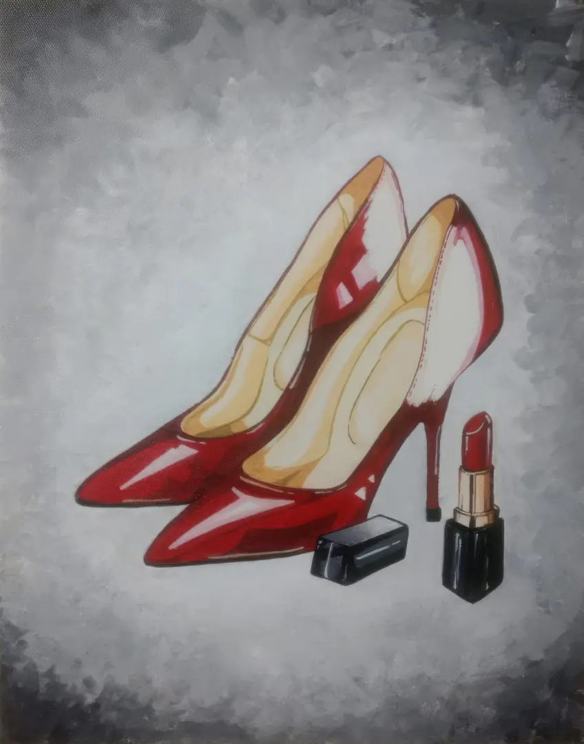 Student artwork - Fashion-inspired acrylic painting of red high heel shoes