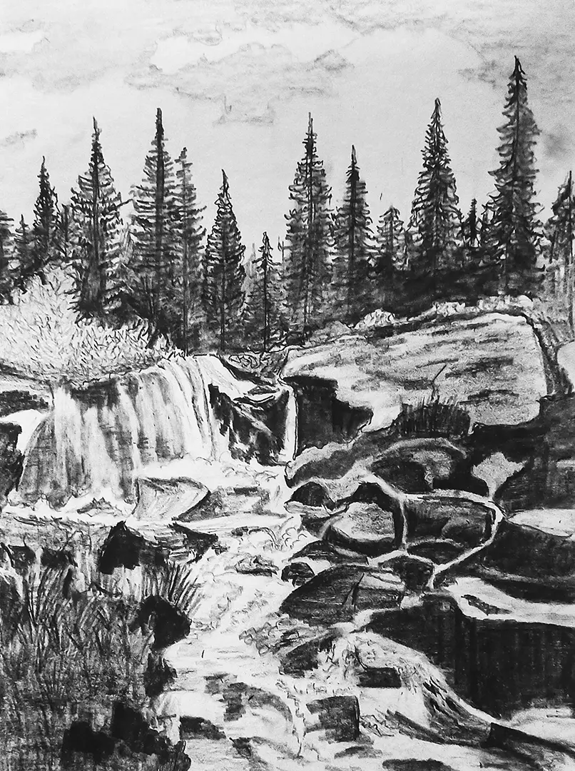 Student-created landscape drawing featuring a river and mountains with advanced shading techniques