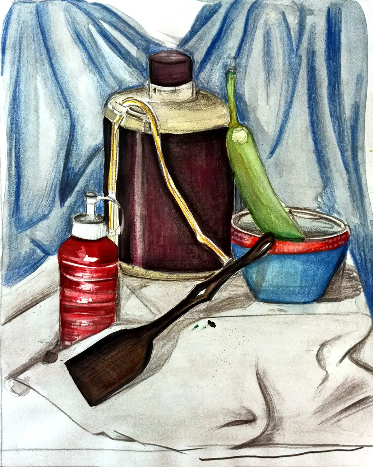 Student artwork - Still life watercolor painting of bottles showing mastery of light and shadow