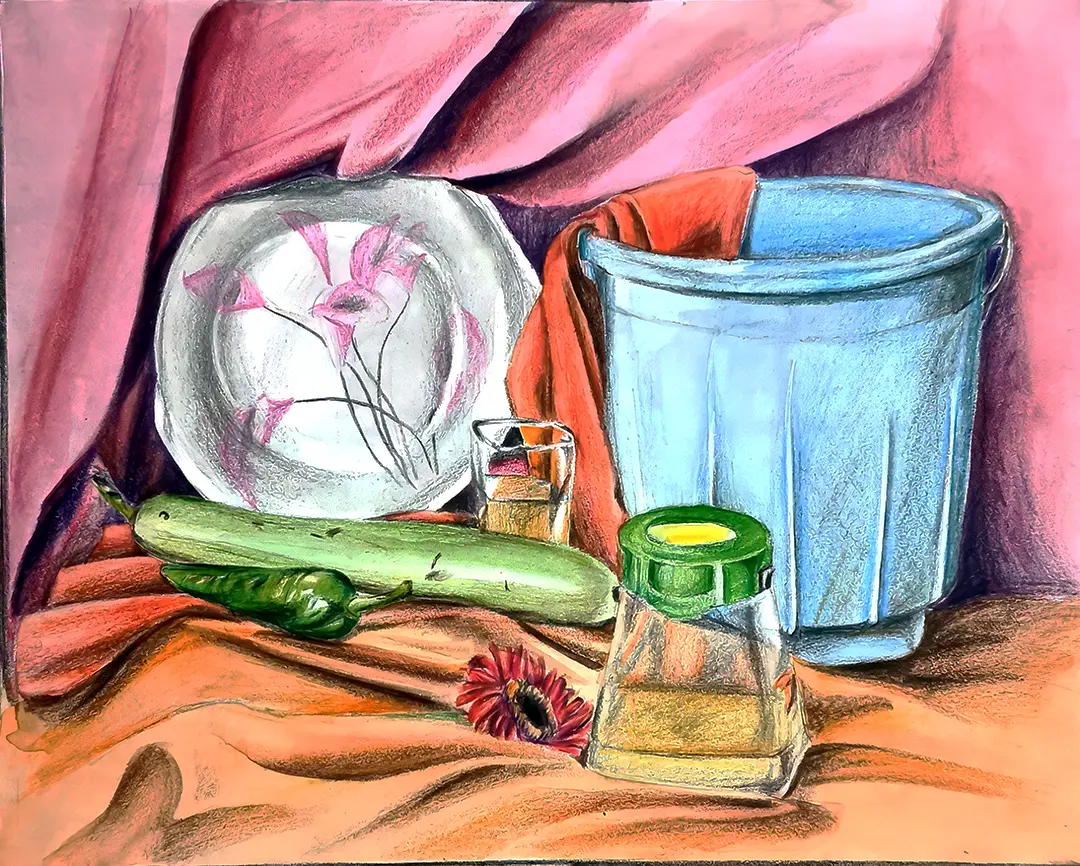 Student artwork - Detailed still life composition in watercolors showing texture and depth