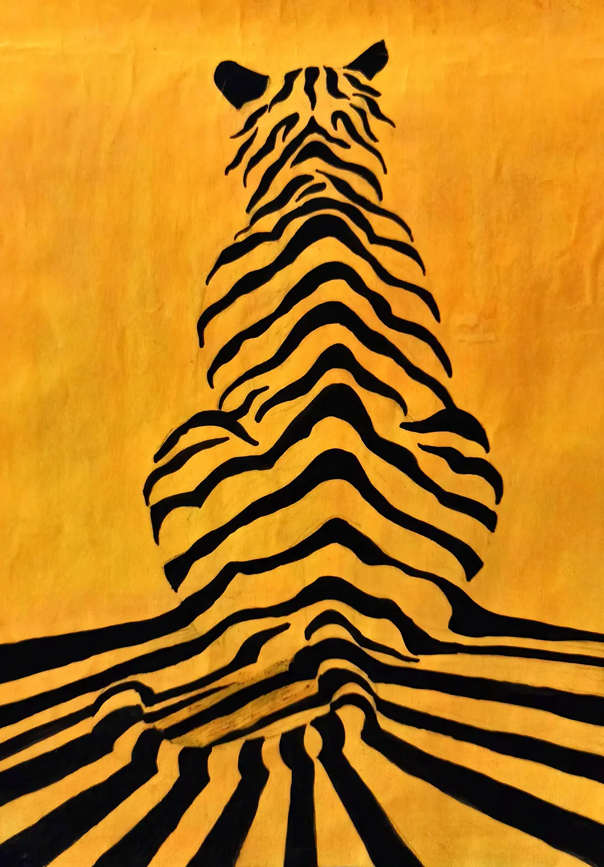 Abstract tiger painting created by student using poster colors with bold strokes and vibrant colors