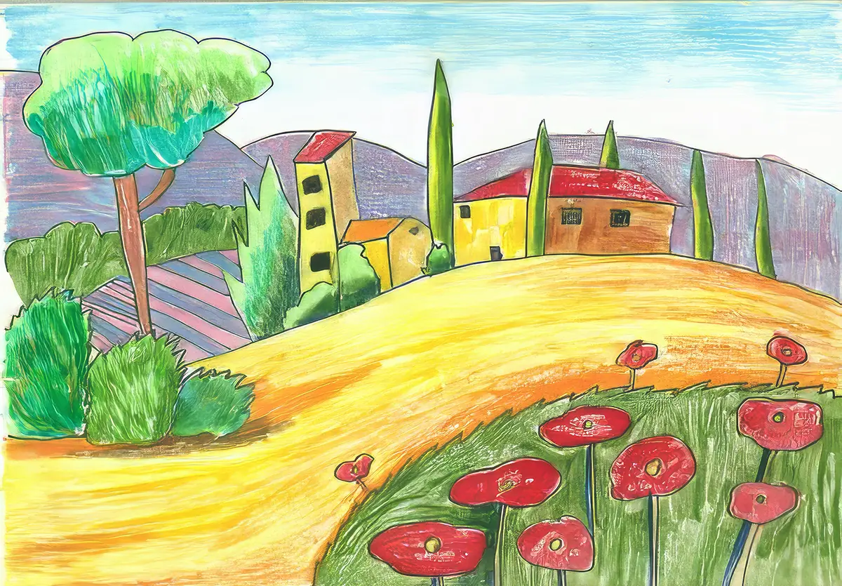 Pastel drawing of a village scene