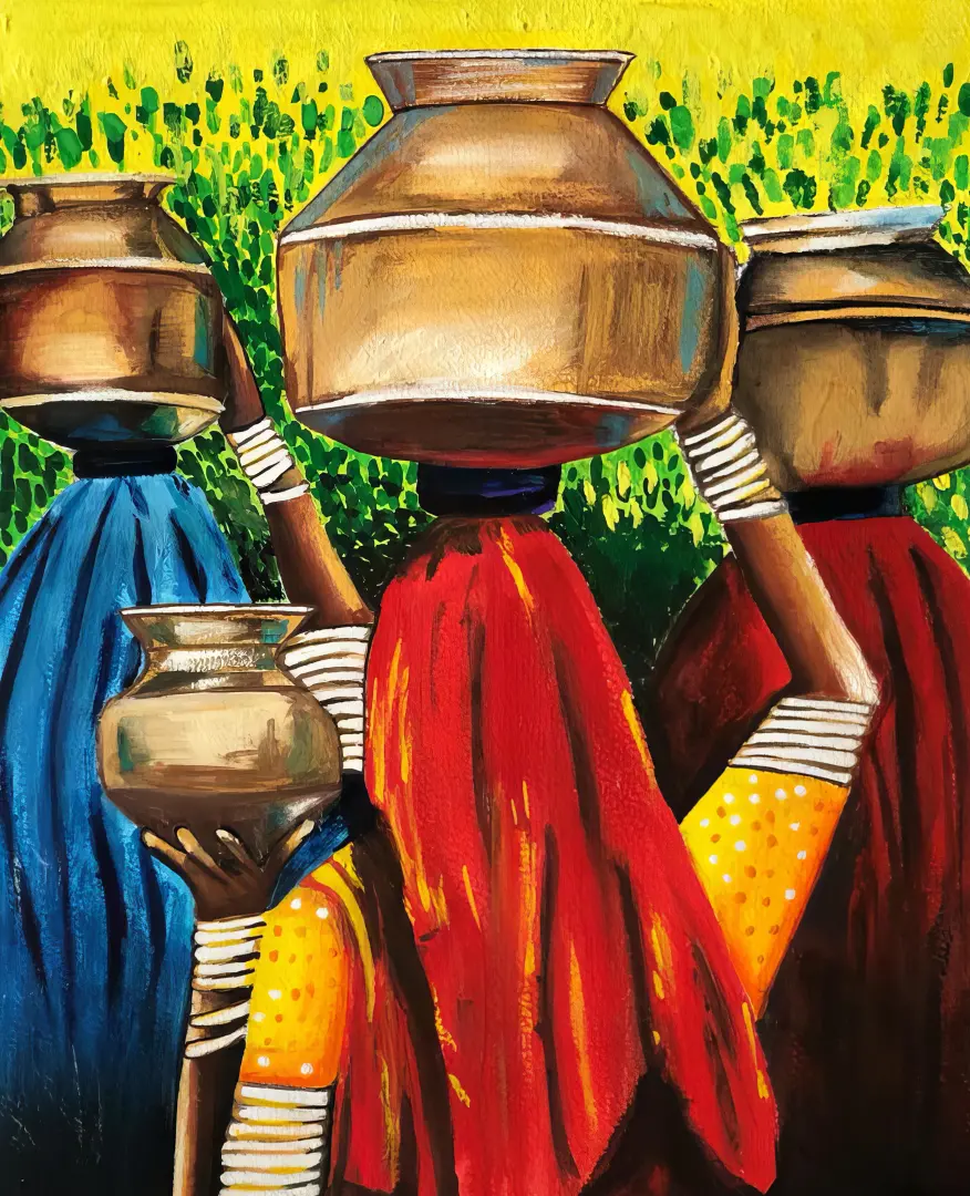 Student artwork - Traditional acrylic painting of a village woman carrying a water pot