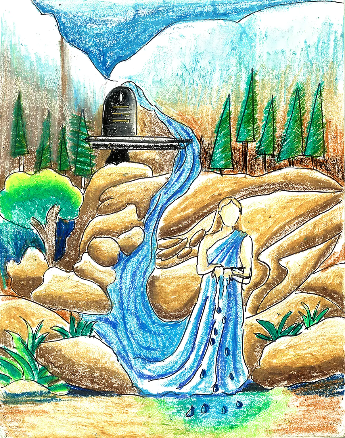 Lady near waterfall in pastels